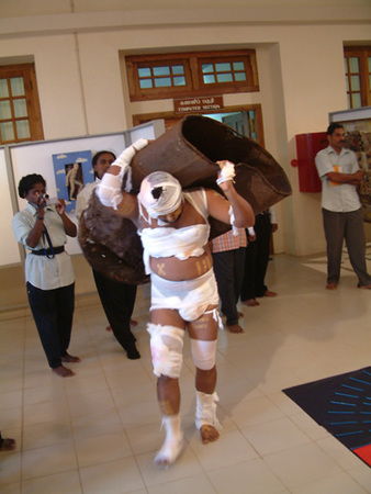 The bandaged  barrel man, Performance, 2004.JPG